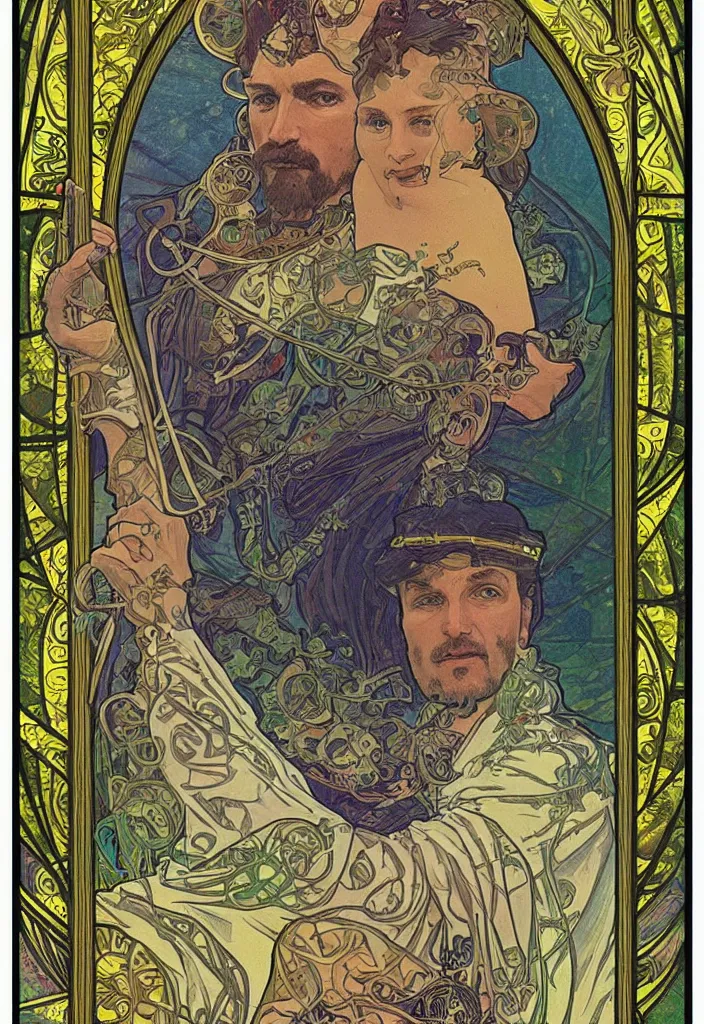 Image similar to Jurgen Schmidhuber on a tarot card, tarot in art style by Alphonse Mucha