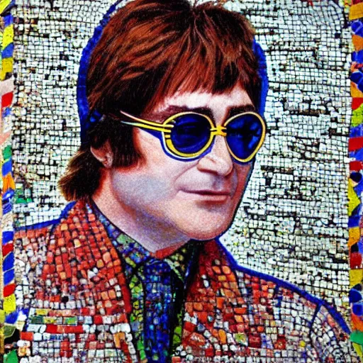 Prompt: elton john lennon in the ancient zeugma, but as an mosaic art. many small stones and nice level of details