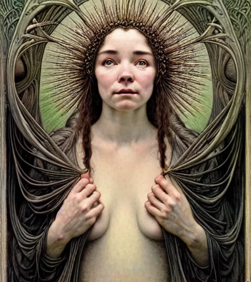 Image similar to detailed realistic beautiful young medieval bjork face portrait by jean delville, gustave dore and marco mazzoni, art nouveau, symbolist, visionary, gothic, pre - raphaelite. horizontal symmetry by zdzisław beksinski, iris van herpen, raymond swanland and alphonse mucha. highly detailed, hyper - real, beautiful