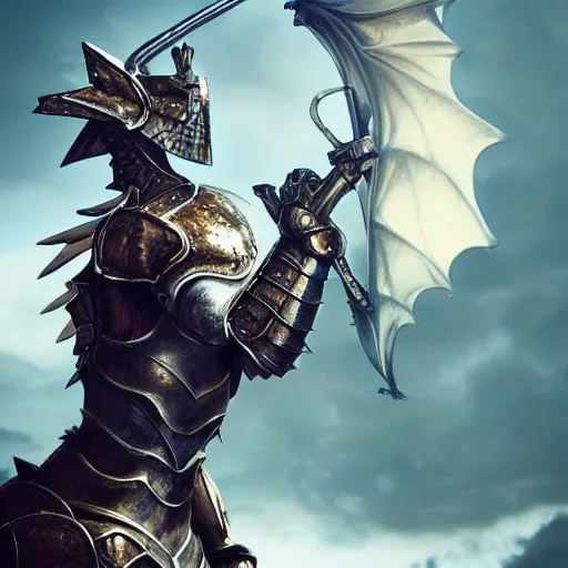 Image similar to stunning shot of a beautiful female knight, but as a hot anthropomorphic dragon, doing a majestic pose, well designed female dragon head, armor made of steel, sharp claws, HD octane render, epic cinematography, fantasy, Artstation, Deviantart, Furaffinity