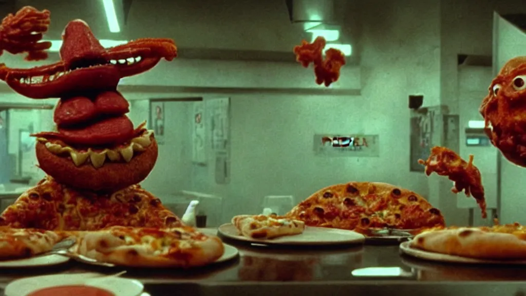 Prompt: the strange pizza creature at the fast food restaurant, film still from the movie directed by denis villeneuve and david cronenberg with art direction by salvador dali and zdzisław beksinski,