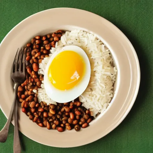 Prompt: A delicious plate of beans and rice, egg, garnish, food photography, michilin star