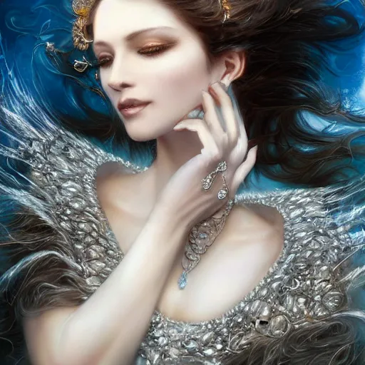 Image similar to a beautiful woman wearing a white dress made of silver with jewelry and diamonds by karol bak, ayami kojima, artgerm, sakimichan, arabian beauty, blue eyes, smile, concept art, fantasy