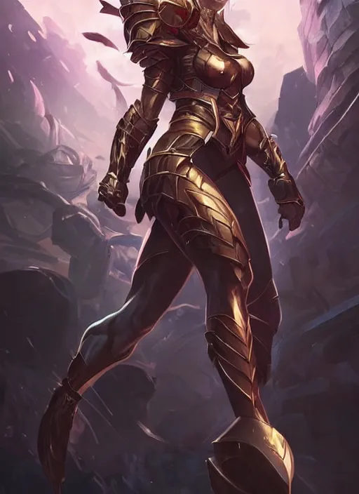 Image similar to poster!! beautiful new female character for league of legends, character concept art, action pose, illustration, full body armor, steel plating, huge weapon, super powers, athletic, symmetry, intricate design, shiny, highly detailed, hd, dramatic lighting, art by artgerm and greg rutkowski