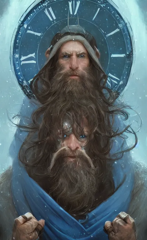 Image similar to portrait of a middle aged elf with a long beard, dressed in a blue cloak with clock iconography, brown hair, raised hand, detailed face, fantasy, highly detailed, cinematic lighting, digital art painting by greg rutkowski