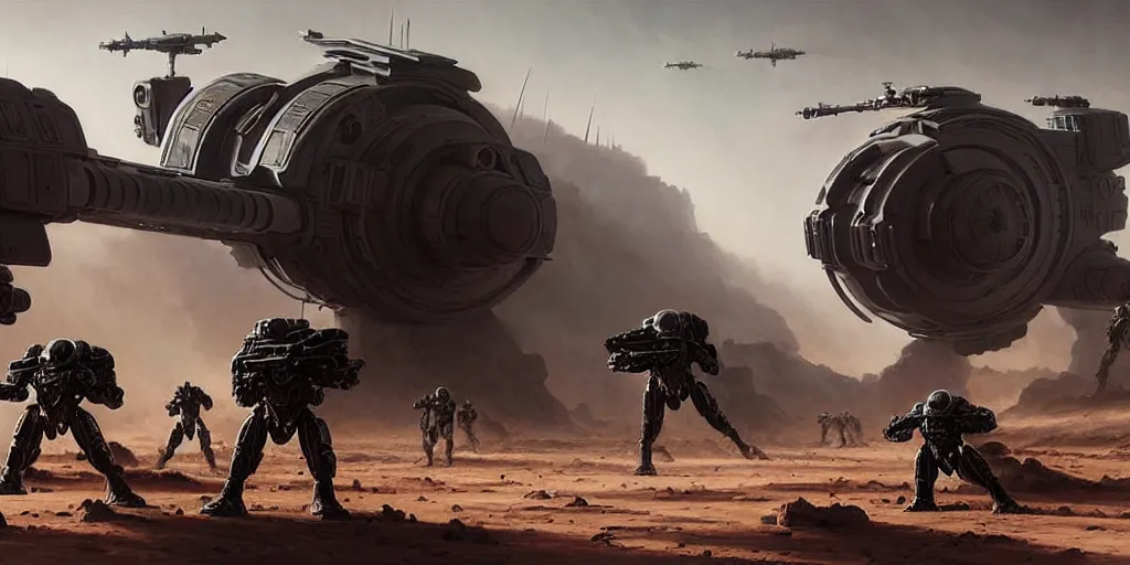 Image similar to hyper realistic sci - fi matte concept art painting of epic cinematic battle between mechwarriors and soldiers fighting on mars, guns, missiles, explosions, beautiful details, strong composition painted by kim jung guweta studio rutkowski, james gurney and greg rutkowski, and lucasfilm, smooth, intricate, detailed, sharp focus, cinematic