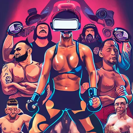 Image similar to poster art of wrestlers wearing vr headsets shrugging, shruggin arms, gta cover, apex legends, tap out, ufc, 8 k, hd, professional digital illustration by sam spratt