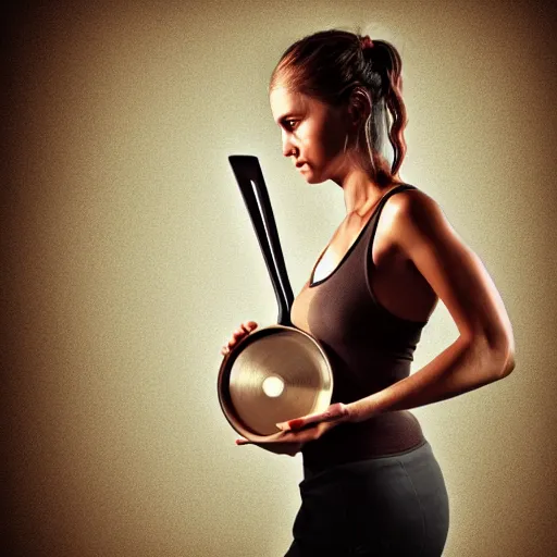 Image similar to a woman warrior holding a frying pan. high definition. hyper realistic. digital art