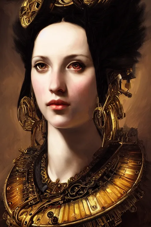 Prompt: portrait, headshot, digital painting, of a 17th century, beautiful clockwork cyborg girl merchant, dark hair, amber jewels, baroque, ornate clothing, scifi, futuristic, realistic, hyperdetailed, underexposed, chiaroscuro, concept art, art by waterhouse and caravaggio