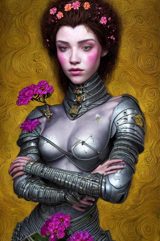 Image similar to portrait of beautiful young mainem, warhammer, cyber armor, a lot of more scars, more and more flowers, the middle ages, highly detailed, artstation, illustration, sylvari portrait, 8 k quality, art by gustav klimt