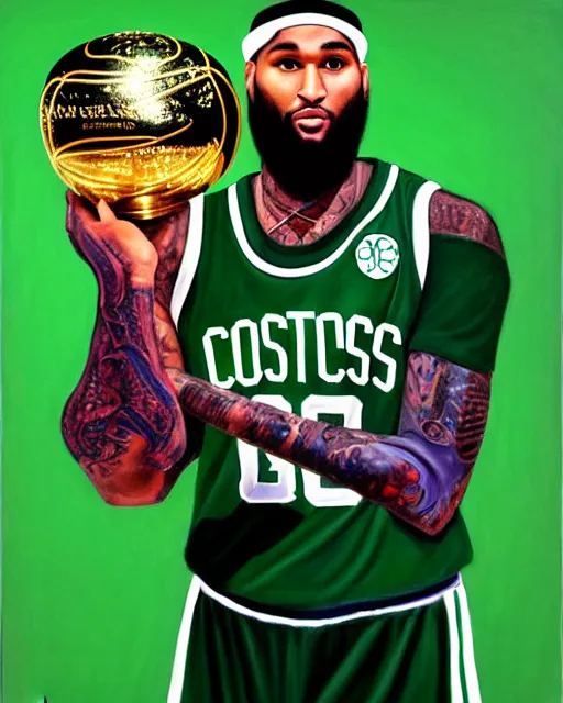 Image similar to portrait of demarcus cousins in boston celtics jersey, holding the larry o'brien trophy, oil on canvas by william sidney mount, champion, inspiring