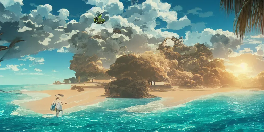 Prompt: a beach, cinematic angle, studio Ghibli, Wes Anderson, volumetric lighting, breathtaking, beautiful composition, elegant, digital art, detailed, oil painting, hyperrealistic, sharp focus, 8k