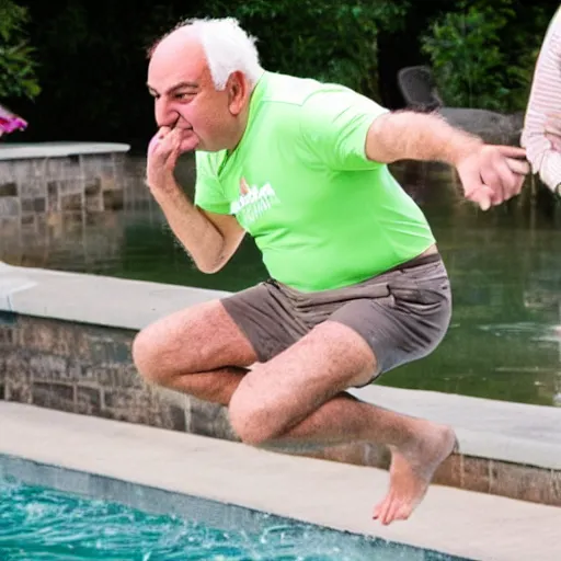 Prompt: mid white hair old man with green shirt and white short, jumping in the water with kevin o'leary