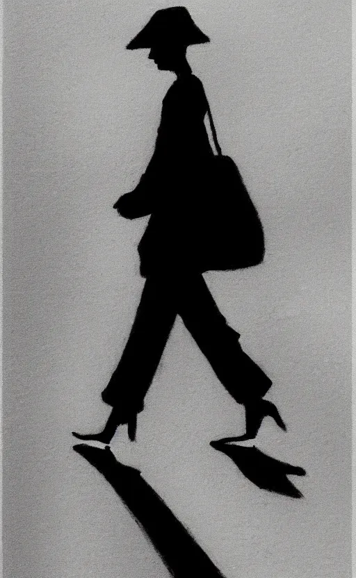 Image similar to symmetry!! black and white silhouette drawing of a single person walking, white background by stanhope forbes, centered