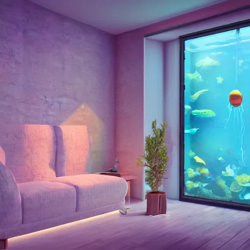 Prompt: the realistic photo of the modern room as aquarium with a big jellyfish and corals, realistic colors, realistic shadows, daylight made in blender, hd, 3 d by beeple and damian hirst