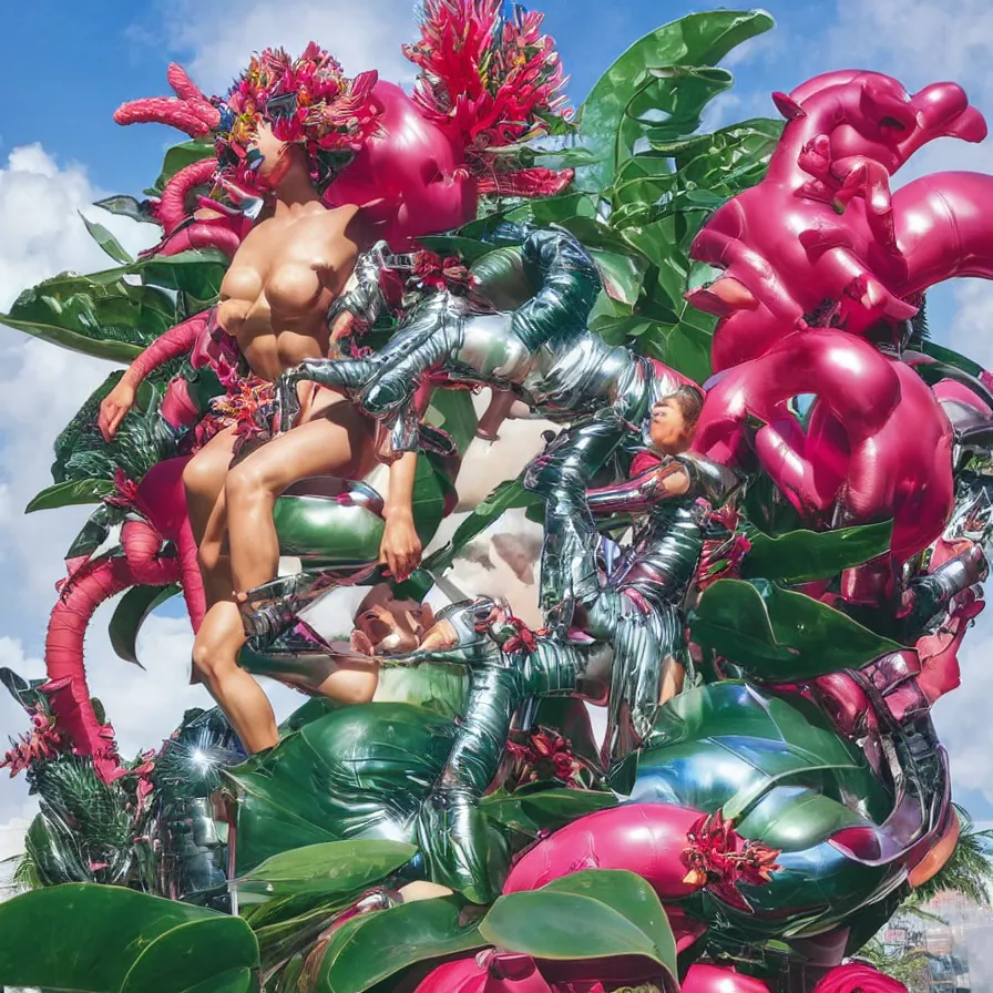 Image similar to an extreme close - up of a statue chrome cyborg lycra nymph battling a giant inflatable flamingo pool float, christmas cactus arnold schwarzenegger and monstera plants, fireworks thick smoke epic clouds, by jeff koons, hajime soryama, boris vallejo, artgerm, greg rutkowski, alphonse mucha