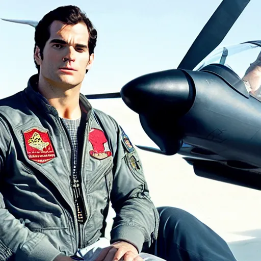 Prompt: Henry Cavill as pilot in Top Gun, promo shoot, studio lighting