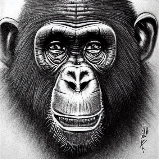 Image similar to pencil art, self portait, highly detailed, epic, chimpanzee in astronaut suit.