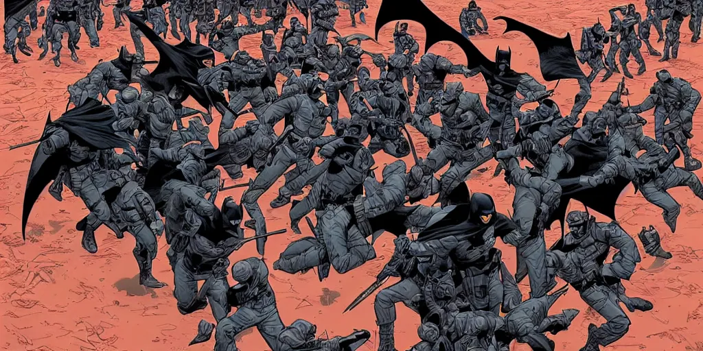 Image similar to Batman fighting mall-cops. Epic painting by James Gurney and Laurie Greasley.