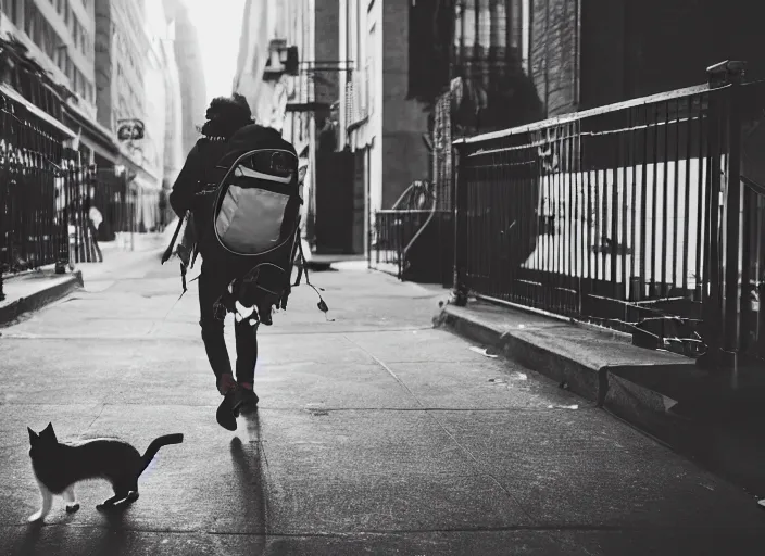 Image similar to photography of a Cat being carried in a backpack . in a new york street. award winning photo, led lighting, night, 130mm, sharp, high res