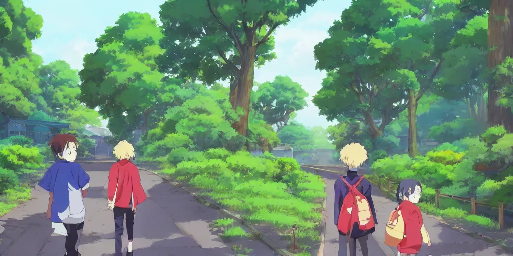 Prompt: anime kids walking home in japanese suburbs with high redwood trees. afternoon puddles after the rain. neogeorgian buildings and stone brick retaining walls near the sidewalk. studioghibli cartoon trending on artstation. cool colors. hills. forests in the distance.