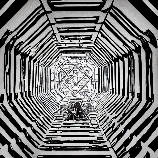 Image similar to collapsing tunnels cascading into echoes of octagon patterns, stuttering squares, staircases that go to infinity, reflection pool, dreamscape, lost, x - files, giger, escher, loish, twilight zone, chaos, mtg, labyrinthine, maze