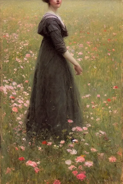 Image similar to Richard Schmid and Jeremy Lipking full length portrait painting of a young beautiful edwardian girl walking through a field of flowers