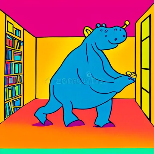 Image similar to book illustration of hippopotamus walking in the ceiling, book illustration, vivid colors, white background