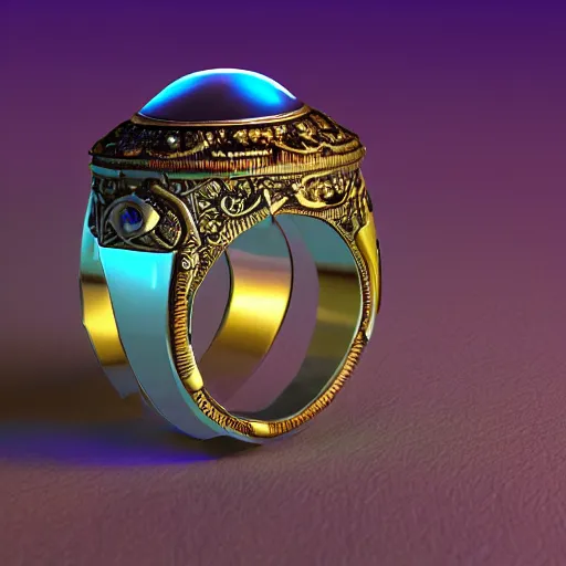 Prompt: a fantasy ring, blue glow, realistic reflections, intricate details, cinematic lighting, depth of field, octane render