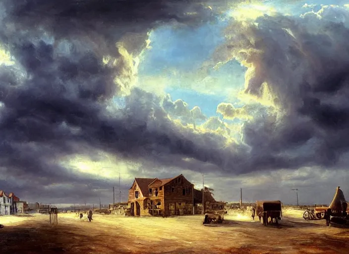 Prompt: oil painting of american old west town, harbour, dramatic storm clouds, dusty street, sunrays, dramatic, very very very beautiful art, cinematic lighting, romanticism by goya, bright pastel color, blue sky