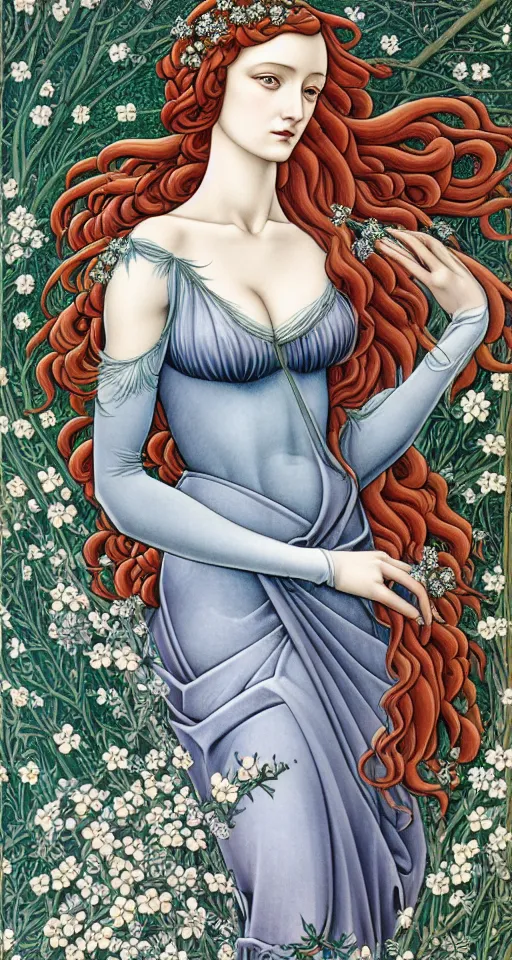 Image similar to the Goddess of Winter, in a mixed style of Botticelli and Æon Flux, inspired by pre-raphaelite paintings and shoujo manga, surrounded by flora and fauna, hyper detailed, stunning inking lines, flat colors, 4K photorealistic