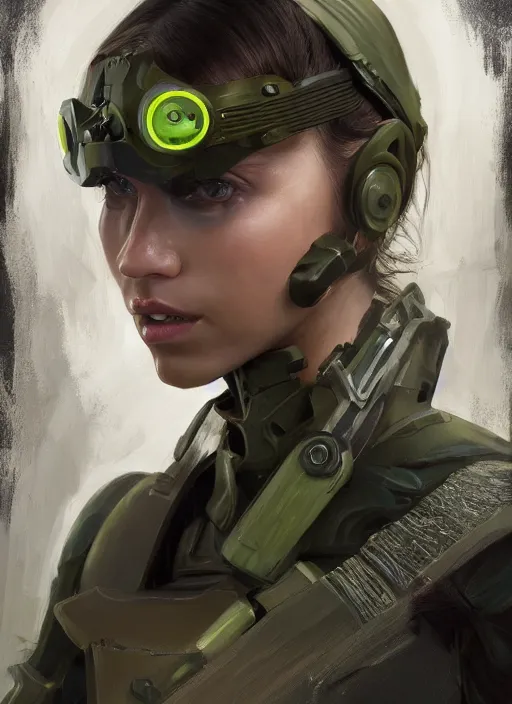 Prompt: a professional painting of a beautiful young female, clothed in stealth armor, compact nightvision goggles, olive skin, long dark hair, beautiful bone structure, symmetrical facial features, intricate, elegant, digital painting, concept art, smooth, sharp focus, illustration, from Metal Gear, by Ruan Jia and Mandy Jurgens and Artgerm and William-Adolphe Bouguerea