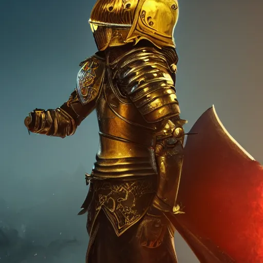 Image similar to a highly detailed knight with glowing purple eyes in a golden helmet and a golden crown with a diamond in the center, golden armor, leather clothes under the armor, leather gloves, holds a black sword, artstation, DeviantArt, professional, octane render, sunset lighting