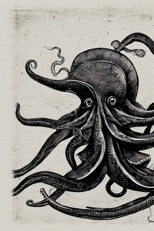 Prompt: a beautiful wood engraving on paper of a defensive octopus, 8 k, frostbite 3 engine, cryengine, dof, trending on artstation, digital art, crepuscular ray