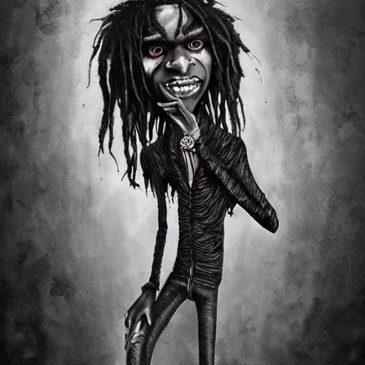 Image similar to michael karcz grunge drawing of chief keef. , in the style of corpse bride, loony toons style, horror themed, detailed, elegant, intricate, trending on artstation, 4k