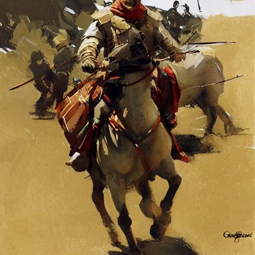 Image similar to portrait of rider wearing gambeson aiming bow, galloping detailed by greg manchess, craig mullins, bernie fuchs, walter everett, low angle