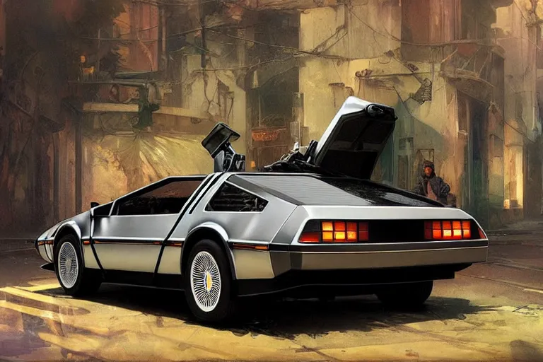 Image similar to photograph of the delorean, with a sleek spoiler, driving down the streets of a cyberpunk abandoned city, by greg rutkowski, by stanley artgerm, by alphonse mucha