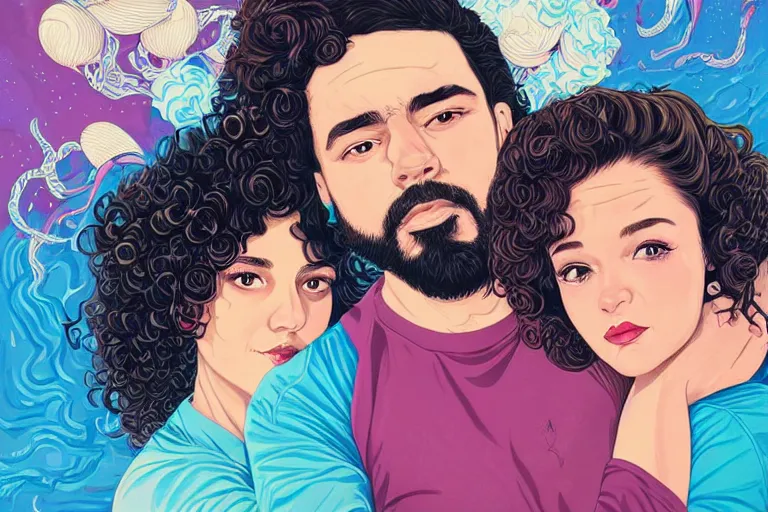 Prompt: a hispanic white girl with medium length curly hair, and a short - bearded mixed race man with short curly hair, in love selfie, tristan eaton, victo ngai, artgerm, rhads, ross draws