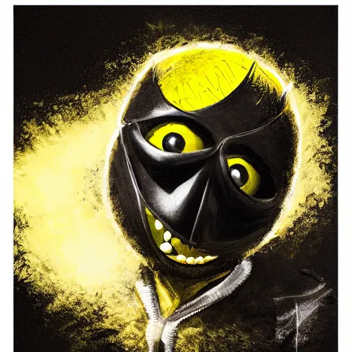 Prompt: a tennis ball monster dressed like a super hero, black and gold, digital art, fantasy, magic, chalk, trending on artstation, ultra detailed, professional illustration by basil gogos