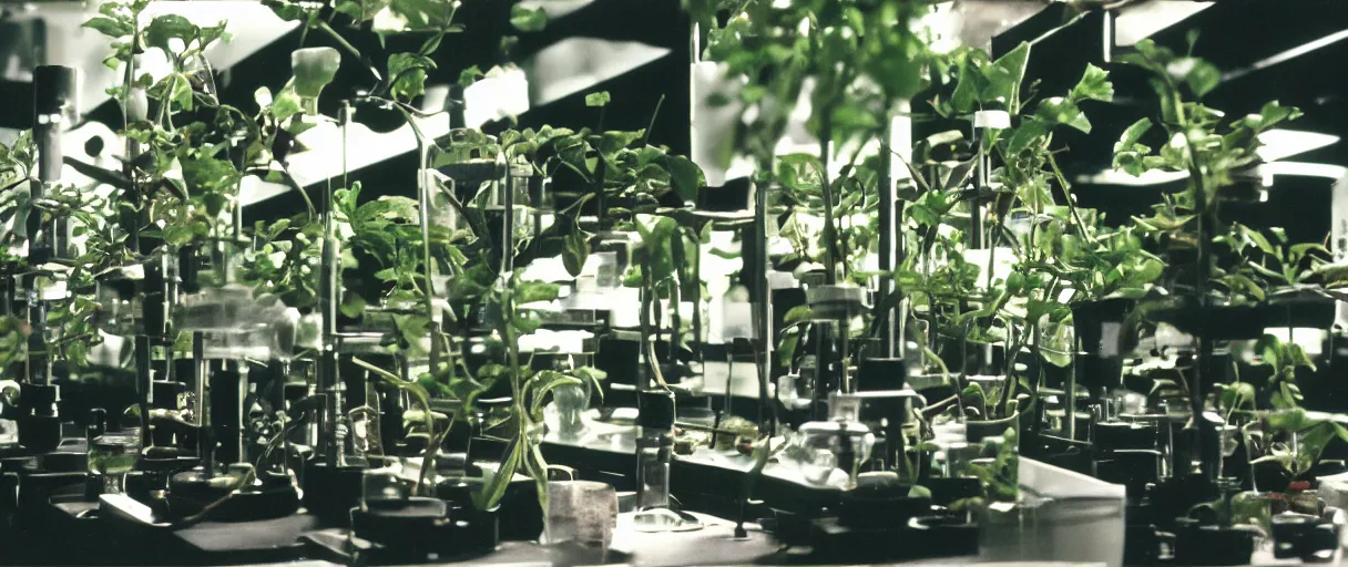 Image similar to filmic movie still 4 k uhd 3 5 mm film color photograph of minimal biology lab full of plants