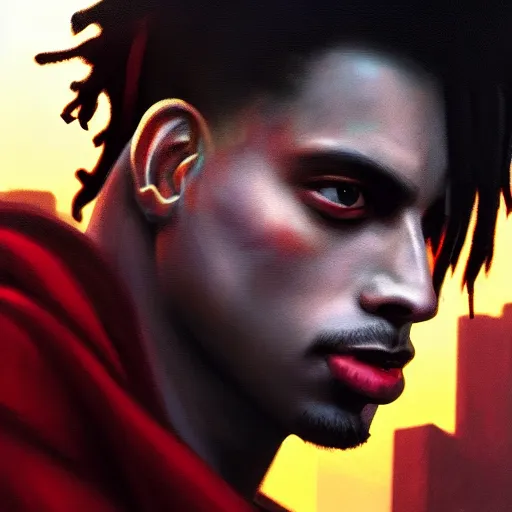 Image similar to cyberpunk, closeup portrait of a playboi carti, dramatic light, city background, sunset, dystopian setting, high contrast, sharp, neuromancer, henry dorsett case, painted by stanley lau, painted by greg rutkowski, painted by stanley artgerm, digital art, trending on artstation