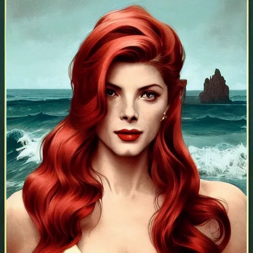 Prompt: A combination of Grace Kelly's and Katheryn Winnick's and Ashley Greene's faces with red hair as Aqua Man, full body shot, western, fantasy, intricate, elegant, highly detailed, digital painting, artstation, concept art, matte, sharp focus, illustration, art by Artgerm and Greg Rutkowski and Alphonse Mucha