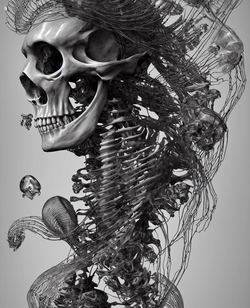 Image similar to goddess close-up portrait human skeleton, ram skull, skeleton, thorax, x-ray, backbone, jellyfish phoenix head, nautilus, orchid, skull, betta fish, bioluminiscent creatures, intricate artwork by Tooth Wu and wlop and beeple. octane render, trending on artstation, greg rutkowski very coherent symmetrical artwork. cinematic, hyper realism, high detail, octane render, 8k