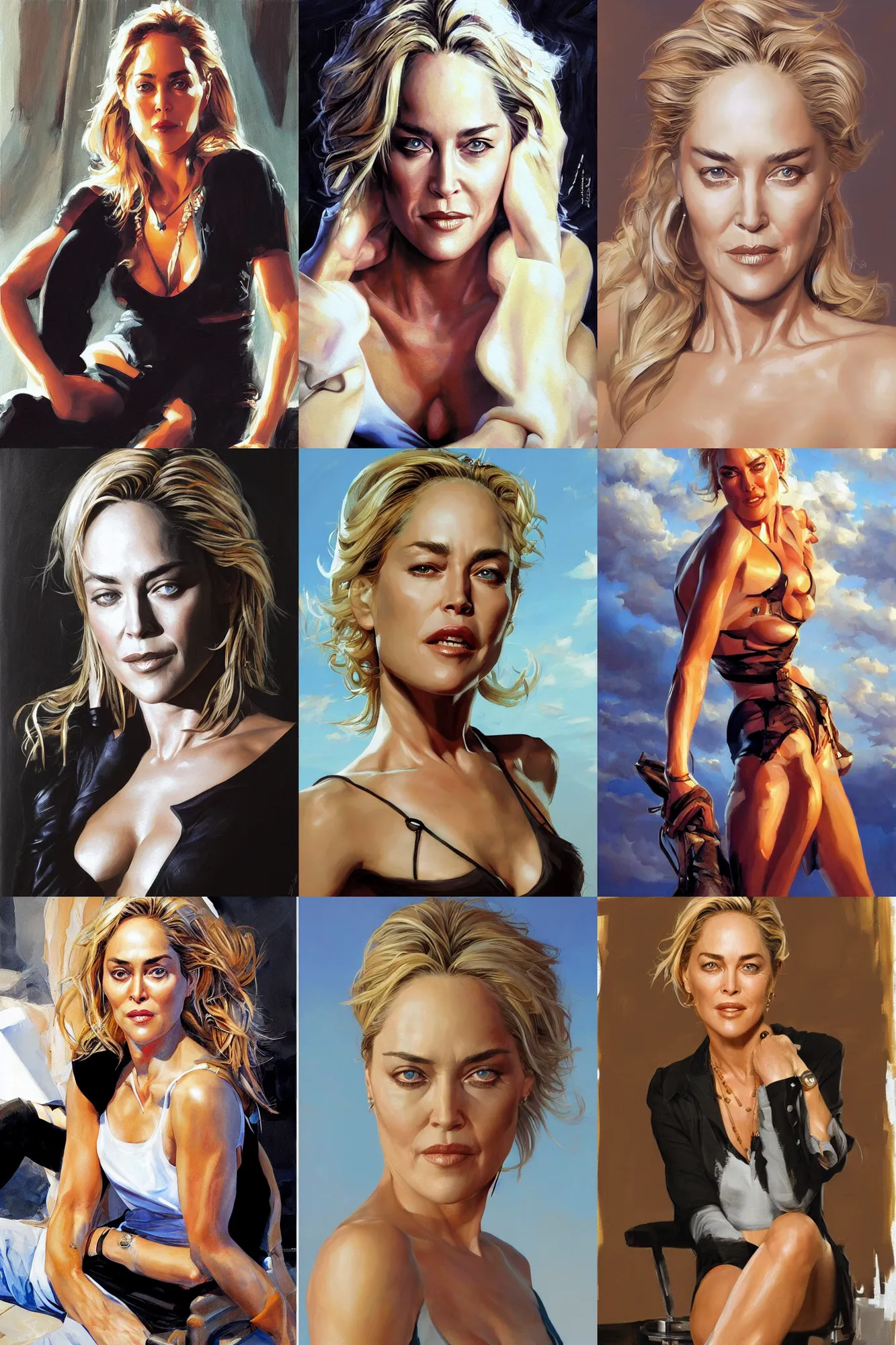 Prompt: sharon stone, painting by rob rey and jesper ejsing, artstation, above lighting, long shadows