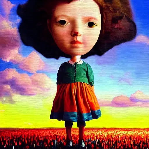 Image similar to dutch girl with singular giant tulip as a head, surreal photography, flower field, sunset dramatic light, impressionist painting, colorful clouds, blue sky, digital painting, artstation, simon stalenhag