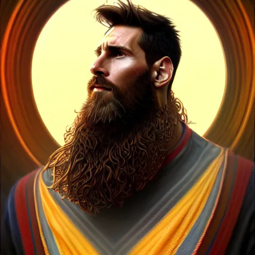 Prompt: Messi with a majestic beard, closeup, D&D, fantasy, intricate, elegant, highly detailed, digital painting, artstation, concept art, matte, sharp focus, illustration, art by Artgerm and Greg Rutkowski and Alphonse Mucha