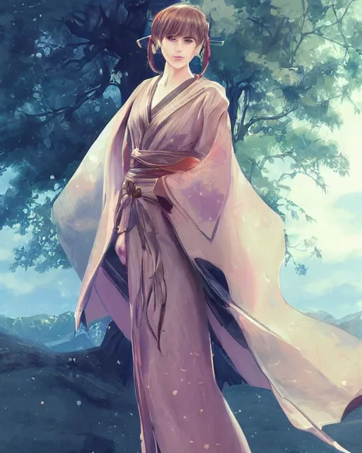 Prompt: An anime portrait of Natalie Portman as a beautiful woman wearing a kimono from Skyrim, by Stanley Artgerm Lau, WLOP, Rossdraws, James Jean, Andrei Riabovitchev, Marc Simonetti, and Sakimichan, trending on artstation