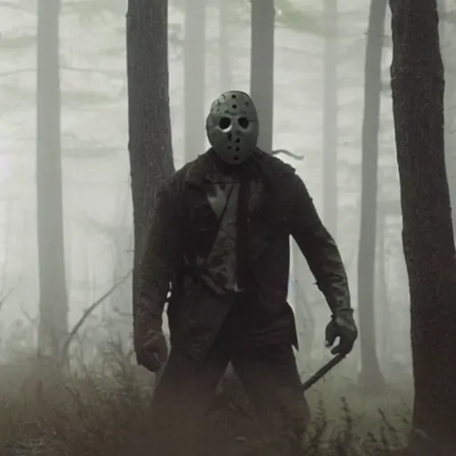 Image similar to A still image of Jason Voorhees in the woods foggy very detail 4K quality super realistic