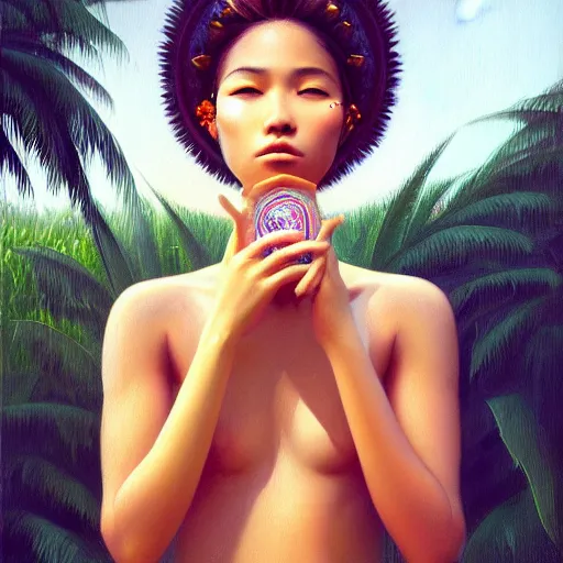 Prompt: a ultradetailed beautiful painting of a latina brazilian girl in amazonas by hsiao ron cheng, pretty faces and eyes, jean delville, wlop ngai victo, dougherty patrick archi, trending on artstation, mediterranean, palm trees, light sparkles, major arcana sky, sharp focus, soft light