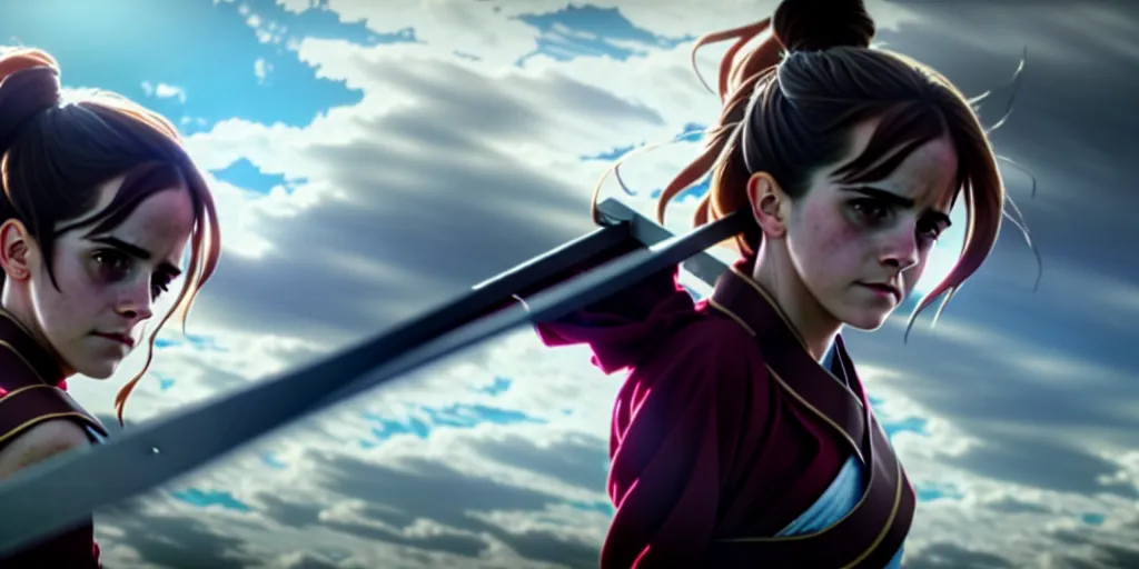 Prompt: a very detailed key visual of emma watson in demon slayer, action lines, ufotable, greg rutkowski, high resolution, dynamic pose, landscape, medium portrait, samurai outfit, action, hyper realistic, koyoharu gotouge, sakuga